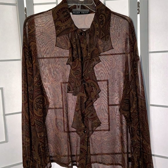 Ellen Tracy Sheer Silk Paisley Button Front Ruffle - Picture 10 of 10